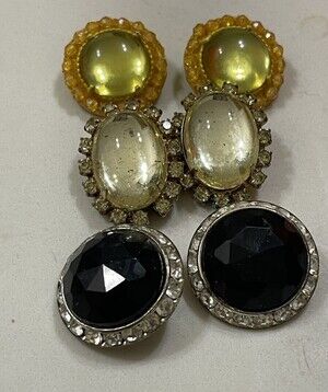 Vintage 50s Earrings Clip On Lot of 3 Rhinestone Button Style Madmen